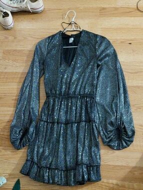 Source Unknown Metallic Black-Silver Sparkle Mini Dress